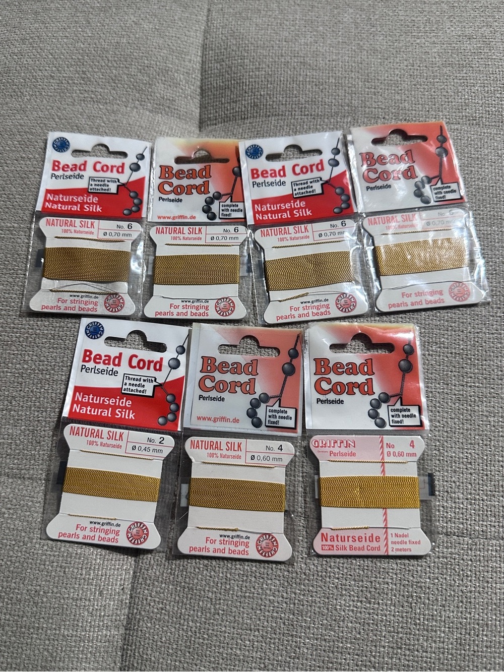 7 packs Griffin Gold Natural Silk Bead Cord+stainless steel needle - Misc Sizes